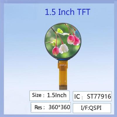 Tela LCD TFT colorida redonda de 1,5 polegadas, resolução 360x360, CI Driver ST77916, alta definição, amplo ângulo de visão para wearables inteligentes/projetos eletrônicos DIY/painéis de instrumentos industriais